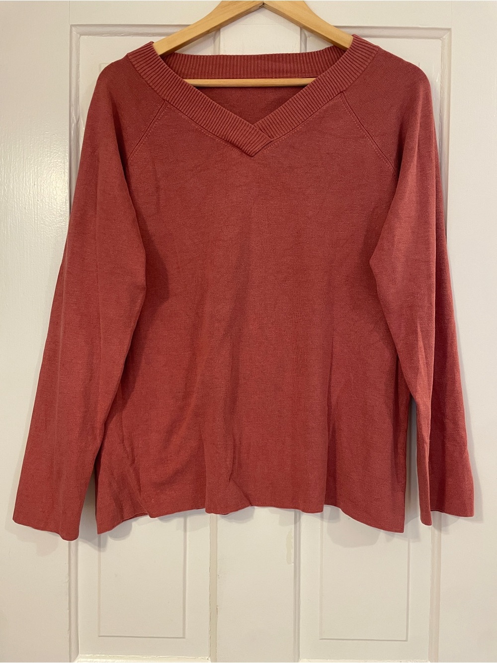 LOFT V-Neck 100% Cotton Ribbed Knit Sweater in Terracotta, Rust or Burnt Orange